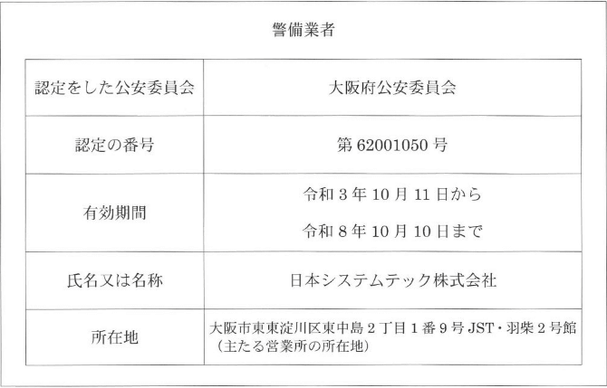 認定をした公安委員会:大阪府公安委員会、認定の番号:第62001050号、有効期限:令和3年10月11日から令和8年10月10日まで、氏名又は名称:日本システムテック株式会社、所在地:大阪市東淀川区東中島2丁目1番9号 JST・羽柴2号館(主たる営業所の所在地)